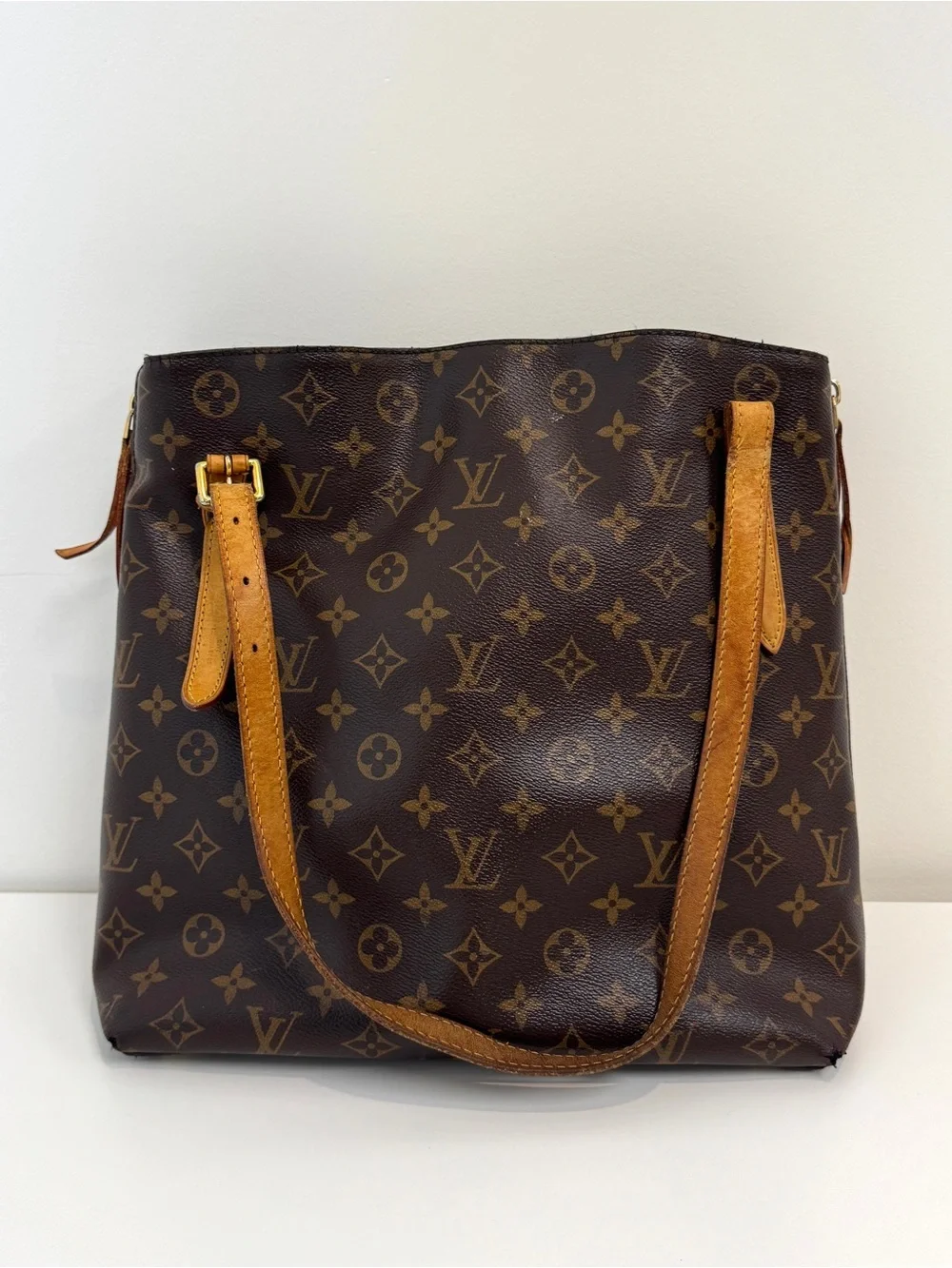 Louis Vuitton Brown Tan Monogram Voltaire Leather Trim Shoulder Bag Tote LV Zip